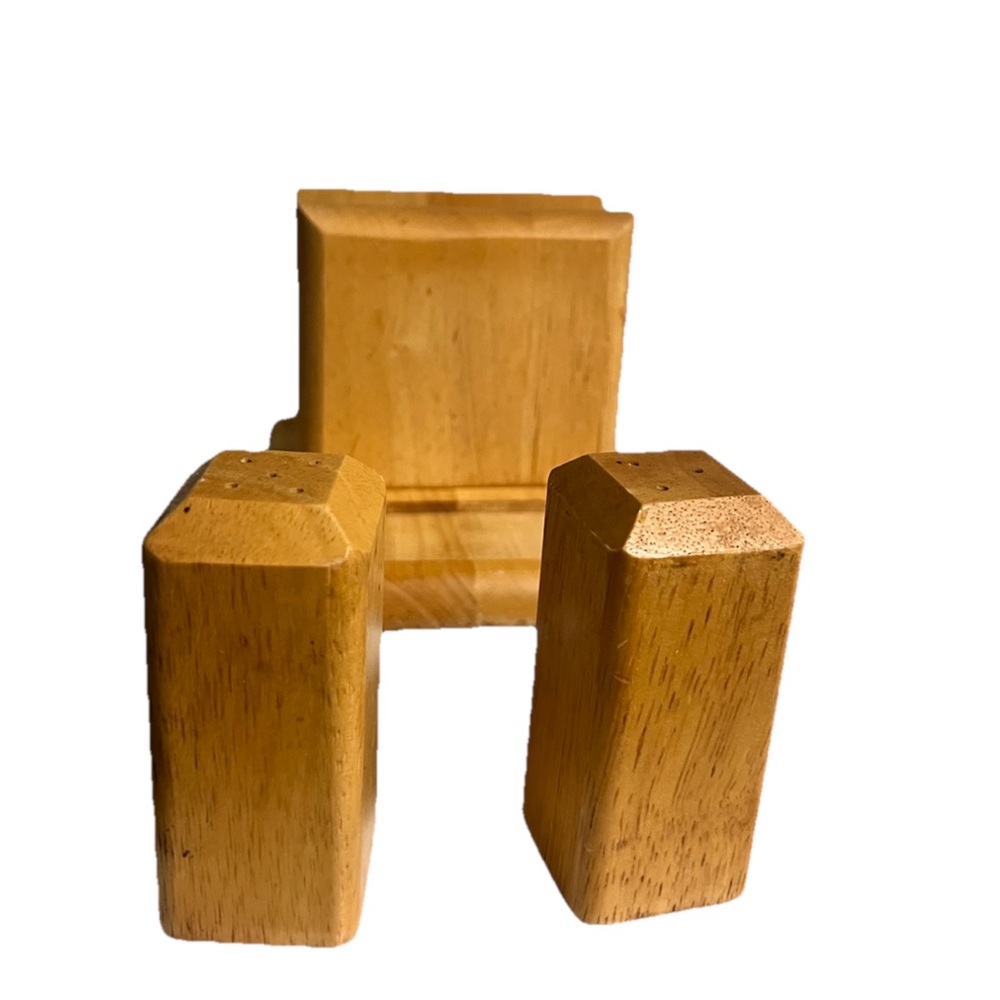 Vintage cedar salt and pepper shaker, and napkin holder combo